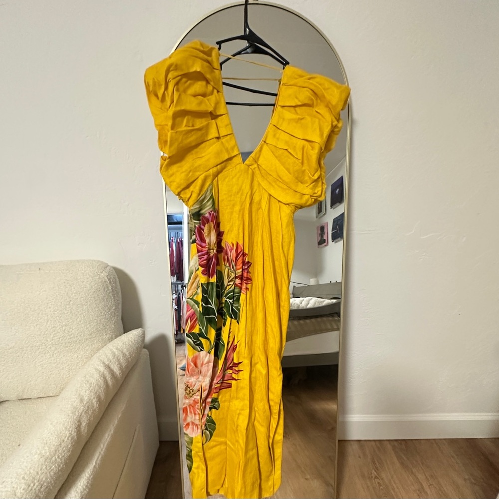 FARM Rio Yellow Spring Awakening Euroflax linen Tropical Floral VNeck Maxi Dress - Picture 7 of 10